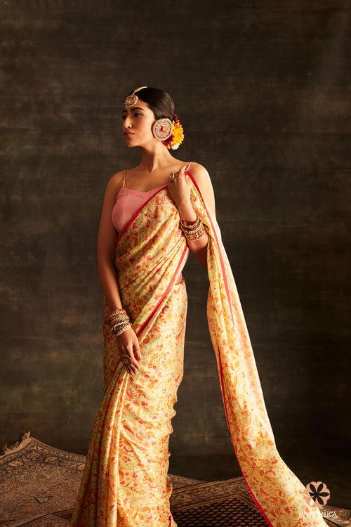 Wheat Satin Crepe Printed Saree