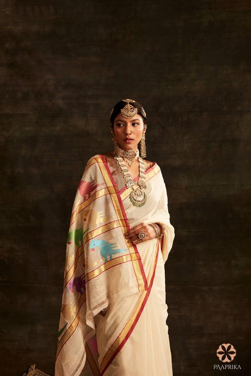 Pure Venkatagiri Handwoven White Cotton Saree With MultiColor Parrot Detailing On Palla