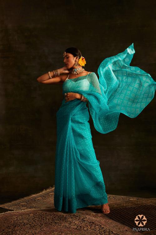 Cyan HandCrafted Bandhej Organza Saree