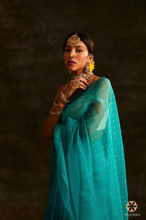 Cyan HandCrafted Bandhej Organza Saree