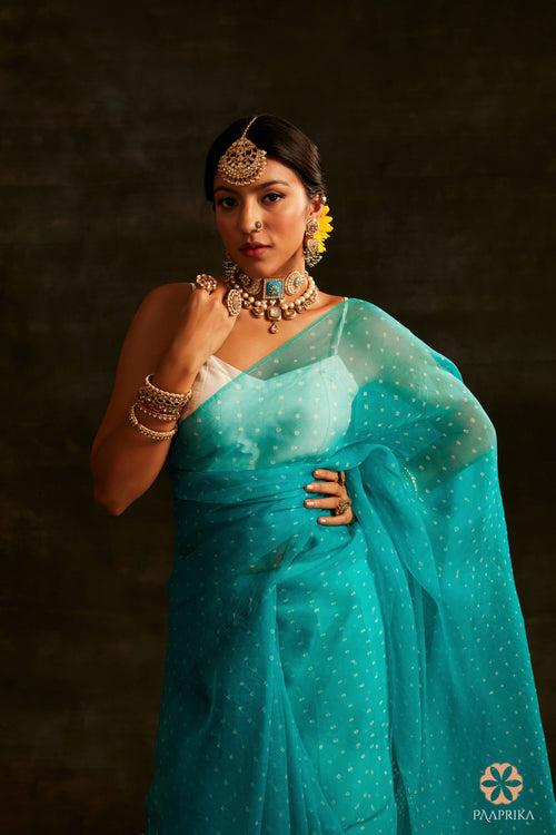 Cyan HandCrafted Bandhej Organza Saree