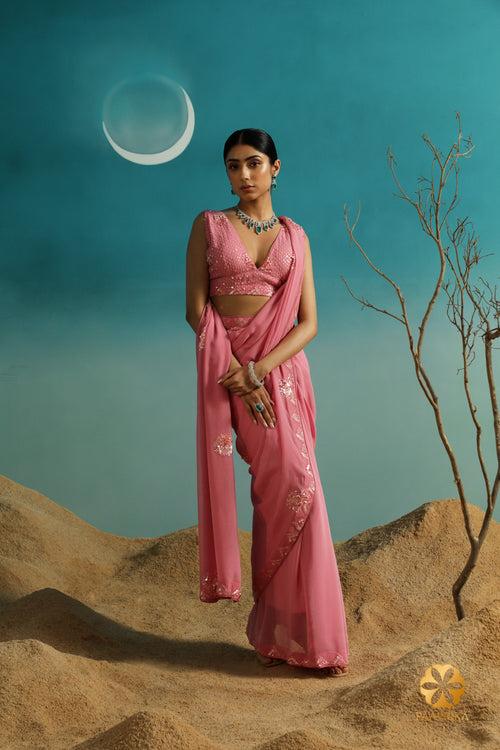 Graceful Pastel Rose Georgette Saree - Delicate Sequin Embroidery in Triangular Patterns Along the Border
