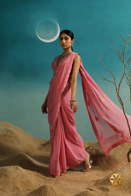 Graceful Pastel Rose Georgette Saree - Delicate Sequin Embroidery in Triangular Patterns Along the Border