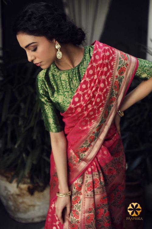 Pink Banaras Handwoven Cotton Silk Saree with Jaal Design and Lotus Floral Detailing