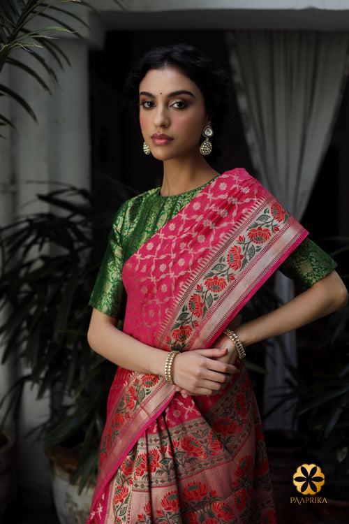 Pink Banaras Handwoven Cotton Silk Saree with Jaal Design and Lotus Floral Detailing