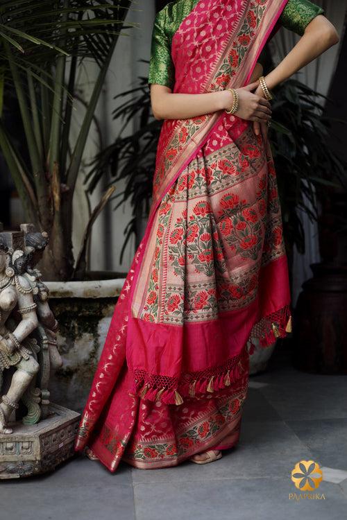 Pink Banaras Handwoven Cotton Silk Saree with Jaal Design and Lotus Floral Detailing