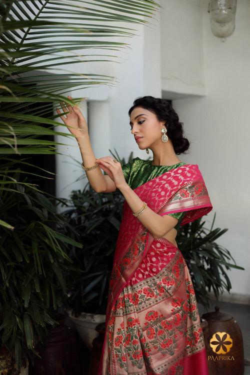 Pink Banaras Handwoven Cotton Silk Saree with Jaal Design and Lotus Floral Detailing