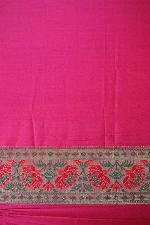 Pink Banaras Handwoven Cotton Silk Saree with Jaal Design and Lotus Floral Detailing