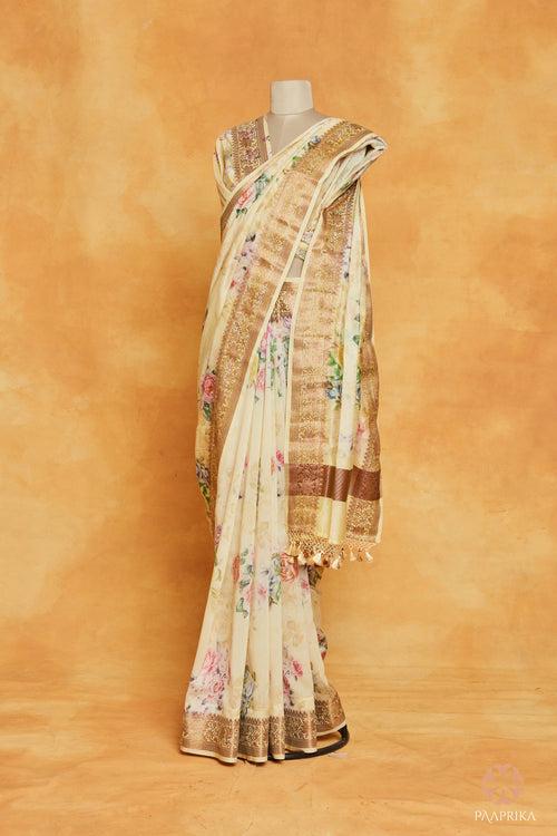 Light Yellow Cotton Silk Floral Printed Saree