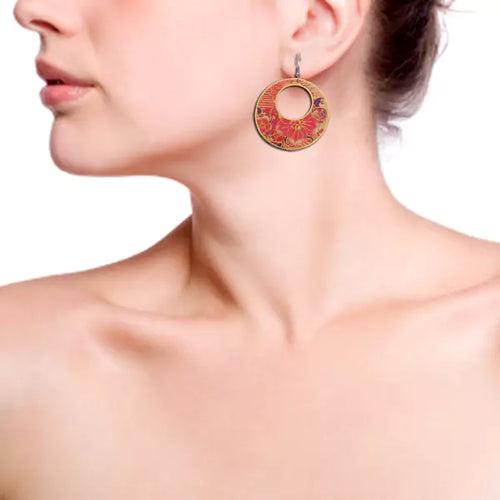 Red Flower Designed Flat Drop Earring