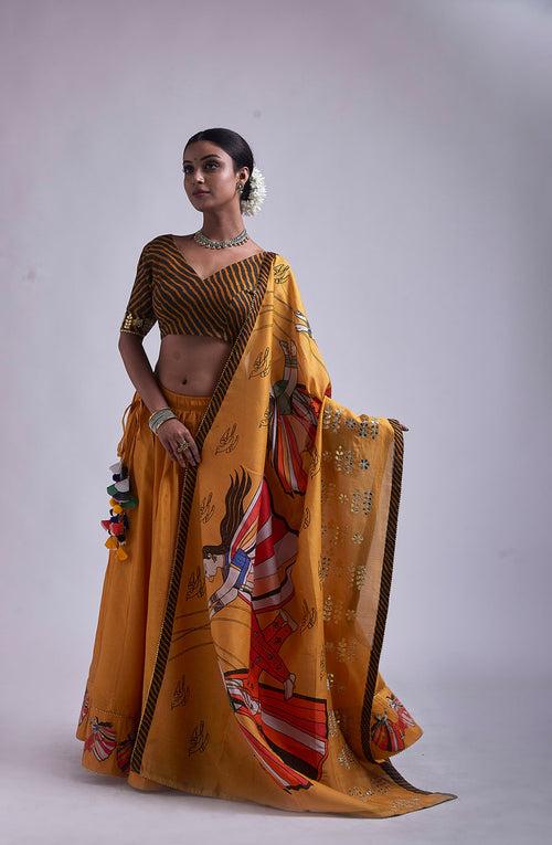 Ochre Jhoola Lehenga (set of 3)