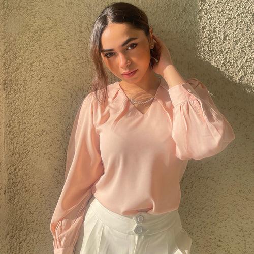 Charming Pearl-Enhanced Pleat Blouse