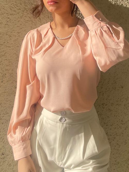 Charming Pearl-Enhanced Pleat Blouse