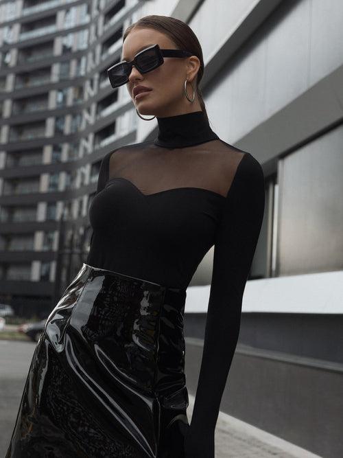 Black sheer detail polo neck top