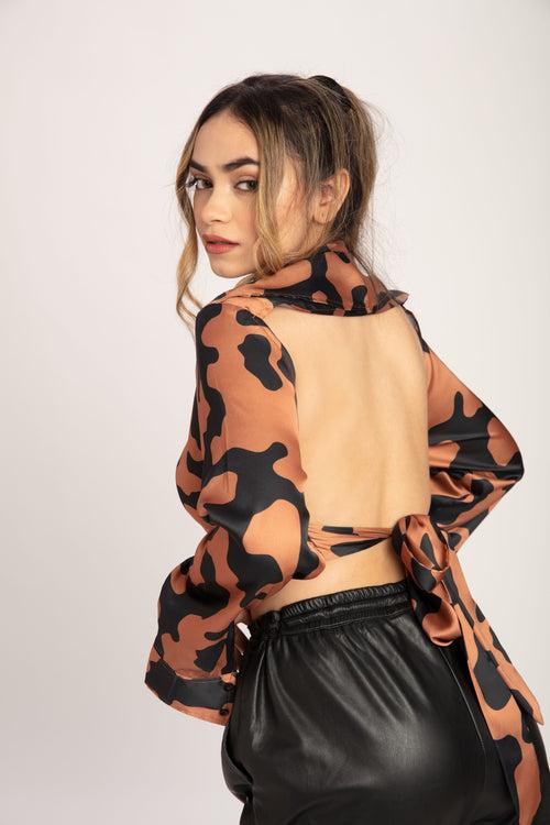 Cow Print Open Black Satin Shirt