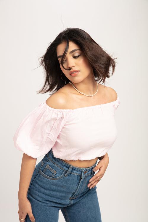 Full of Frills Baby Pink Off Shoulder Top