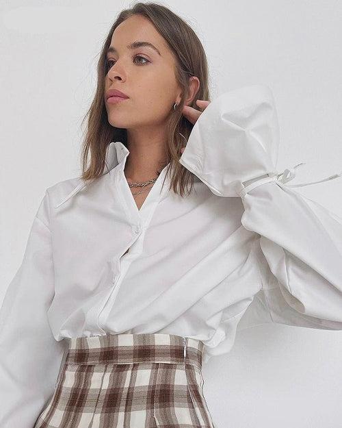 White Pull String Gathered Poplin Shirt