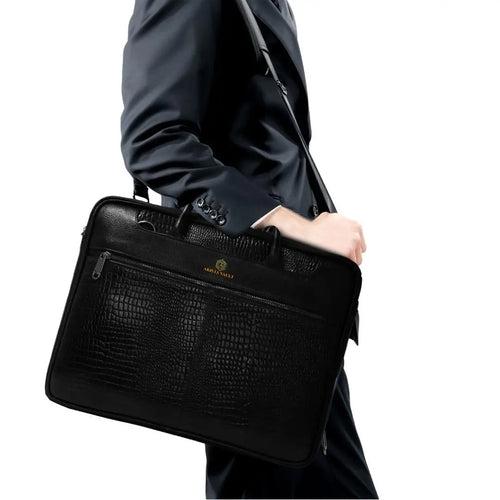 Croc-Textured Fingerlock Smart Leather Laptop Bag (Black)