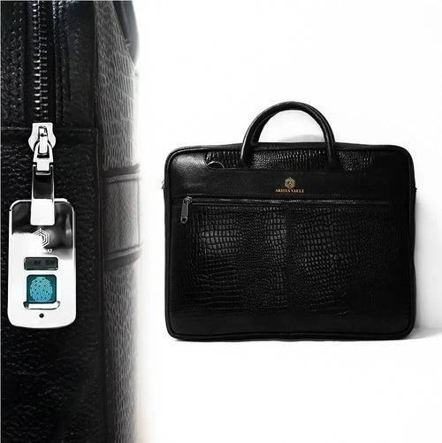 Croc-Textured Fingerlock Smart Leather Laptop Bag (Black)