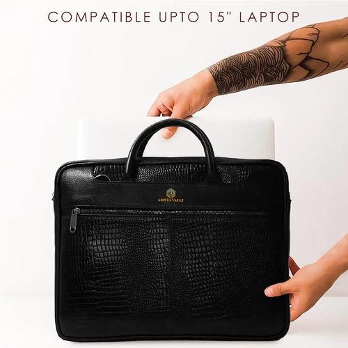 Croc-Textured Fingerlock Smart Leather Laptop Bag (Black)