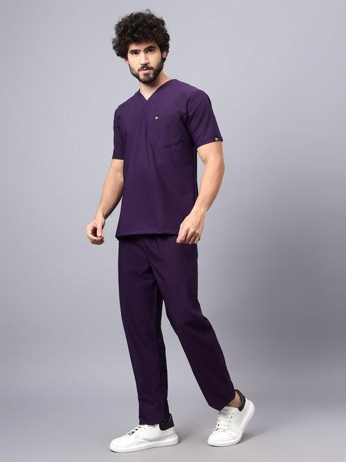 Stretchable (4Way) Male Violet V-Neck With Straight Pant Scrub Set