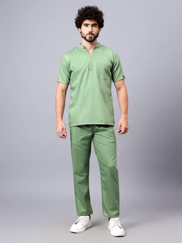 Stretchable (2Way) Male Pista Green Mandarin Neck With Straight Pant Scrub Set