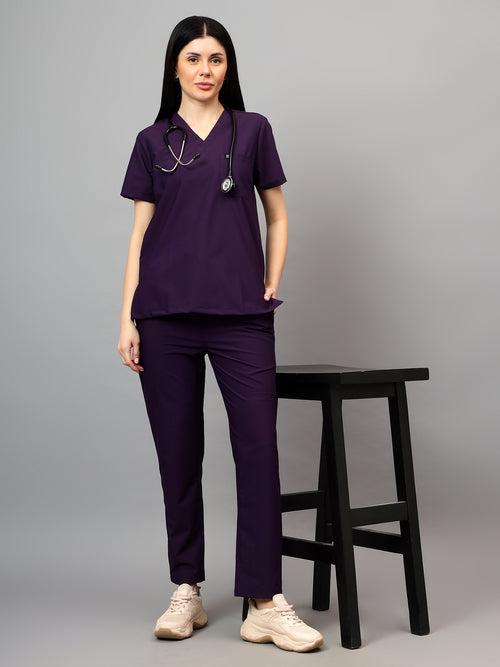 Stretchable (4Way) Female Violet V-Neck With Straight Pant Scrub Set