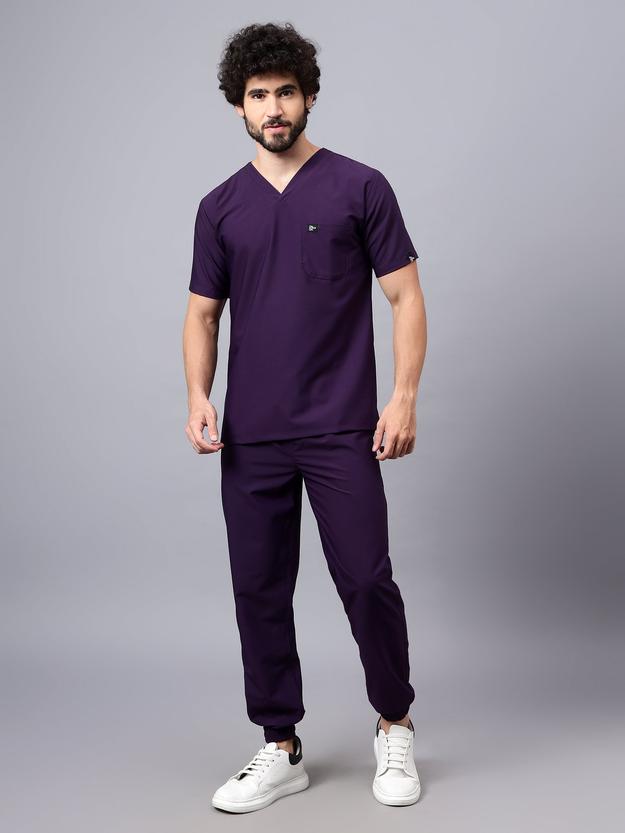 Stretchable (4Way) Male Violet V-Neck With Jogger Scrub Set