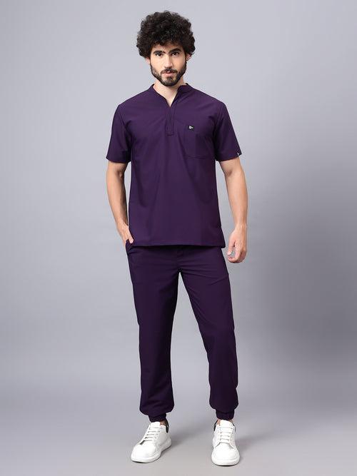 Stretchable (4Way) Male Violet Mandarin Neck with Jogger Scrub Set