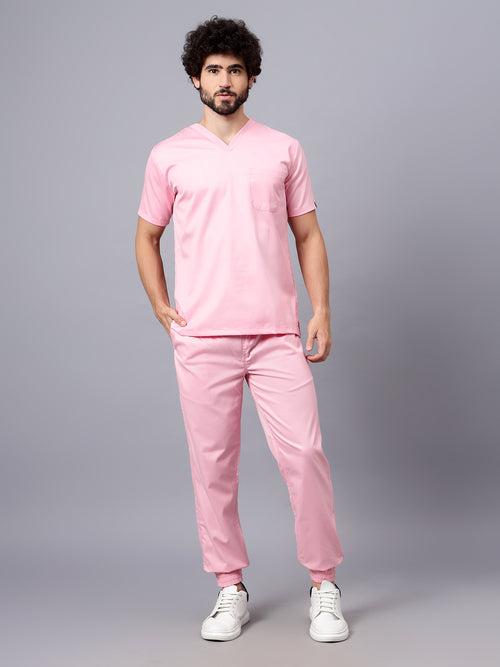 Copy of Stretchable (2Way) Male Powder Pink V-Neck With Jogger Scrub Set