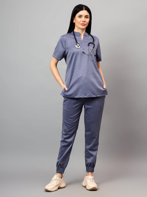 Stretchable (2Way) Female Denim Blue Texture Mandarin Neck With Jogger Scrub Set