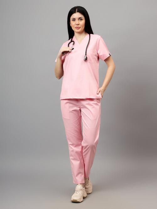 Stretchable (2Way) Female Powder Pink V-Neck With Straight Pant Scrub Set