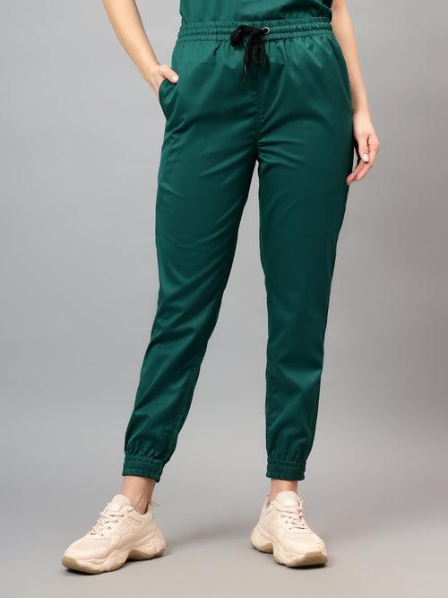 Stretchable (2Way) Female Hunter Green V-Neck With Jogger Scrub Set