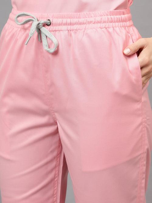 Stretchable (2Way) Female Powder Pink Mandarin Neck With Straight Pant Scrub Set