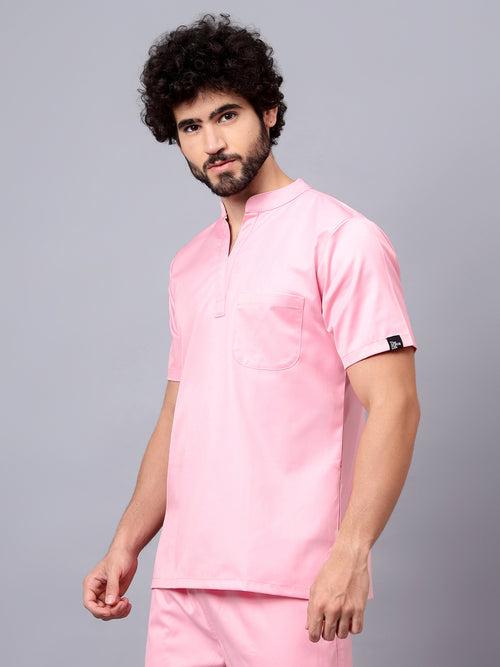 Stretchable (2Way) Male Powder Pink Mandarin Neck With Straight Pant Scrub Set