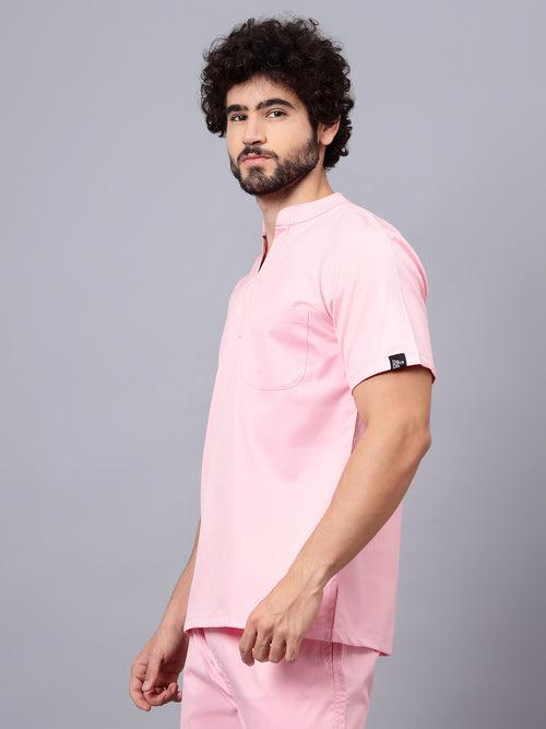 Stretchable (2Way) Male Powder Pink Mandarin Neck With Jogger Scrub Set