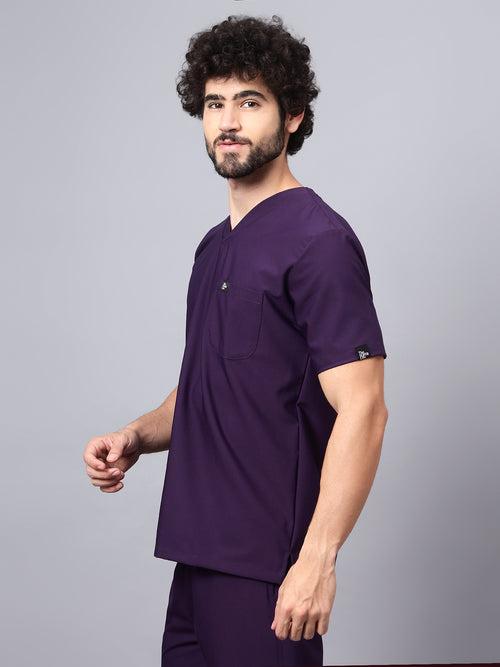 Stretchable (4Way) Male Violet V-Neck With Straight Pant Scrub Set