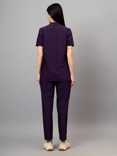 Stretchable (4Way) Female Violet Mandarin Neck With Straight Pant Set