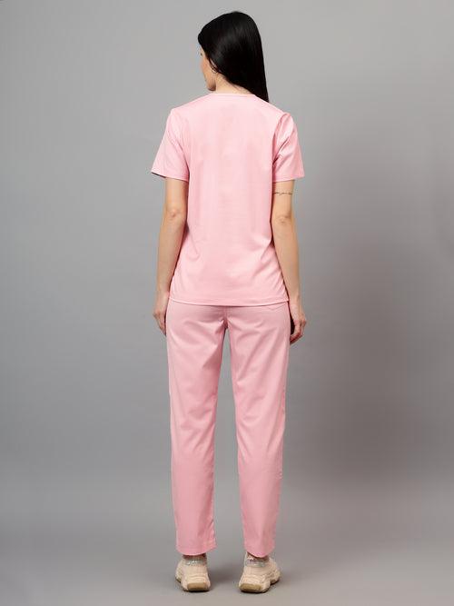 Stretchable (2Way) Female Powder Pink V-Neck With Straight Pant Scrub Set