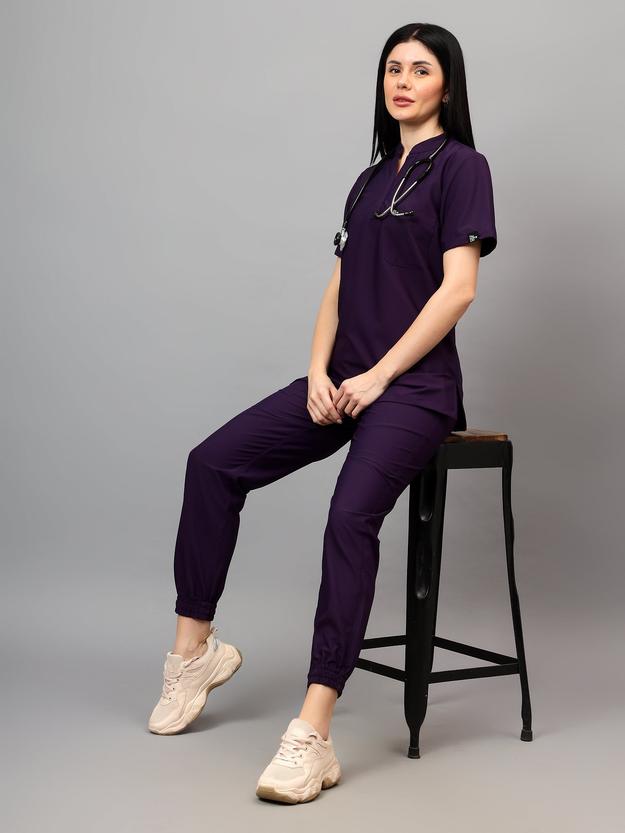 Stretchable (4Way) Female Violet Mandarin Neck With Jogger Scrub Set