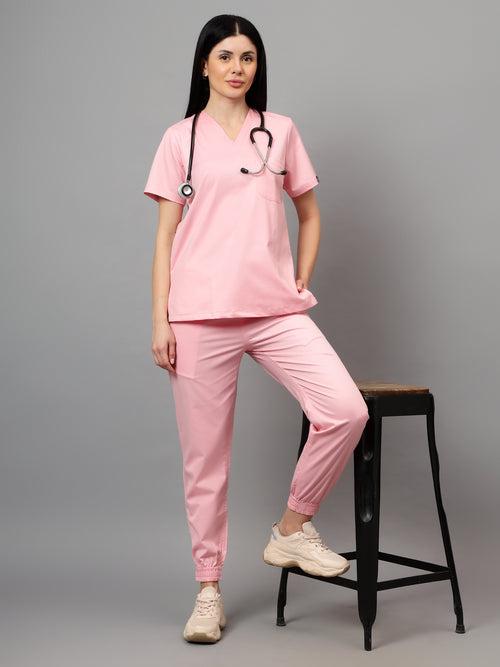 Stretchable (2Way) Female Powder Pink V-Neck With Jogger Scrub Set