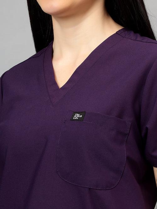 Stretchable (4Way) Female Violet V-Neck With Straight Pant Scrub Set