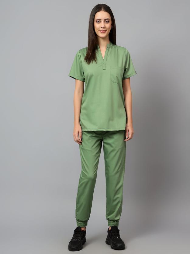 Stretchable (2Way) Female Pista Green Mandarin Neck With Jogger Scrub Set