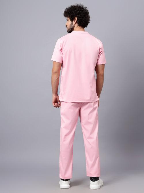 Stretchable (2Way) Male Powder Pink Mandarin Neck With Straight Pant Scrub Set