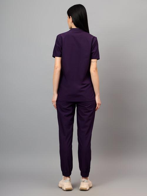 Stretchable (4Way) Female Violet Mandarin Neck With Jogger Scrub Set