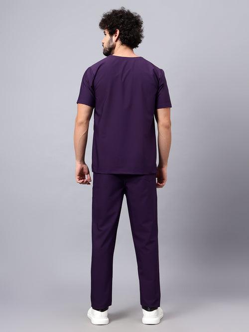 Stretchable (4Way) Male Violet V-Neck With Straight Pant Scrub Set