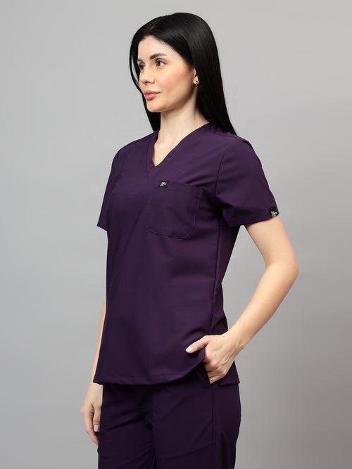 Stretchable (4Way) Female Violet V-Neck With Jogger Scrub Set