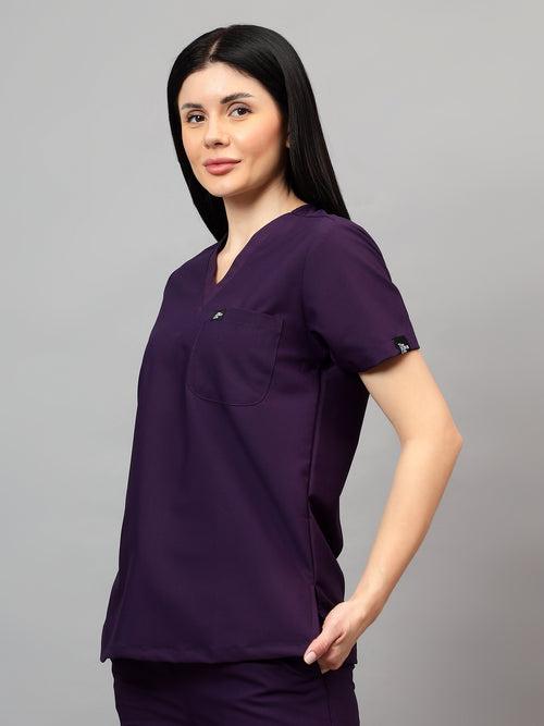 Stretchable (4Way) Female Violet V-Neck With Straight Pant Scrub Set