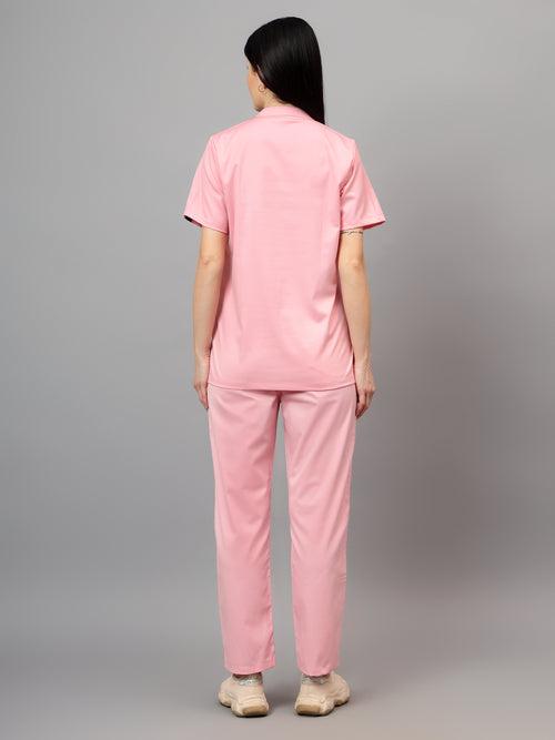 Stretchable (2Way) Female Powder Pink Mandarin Neck With Straight Pant Scrub Set