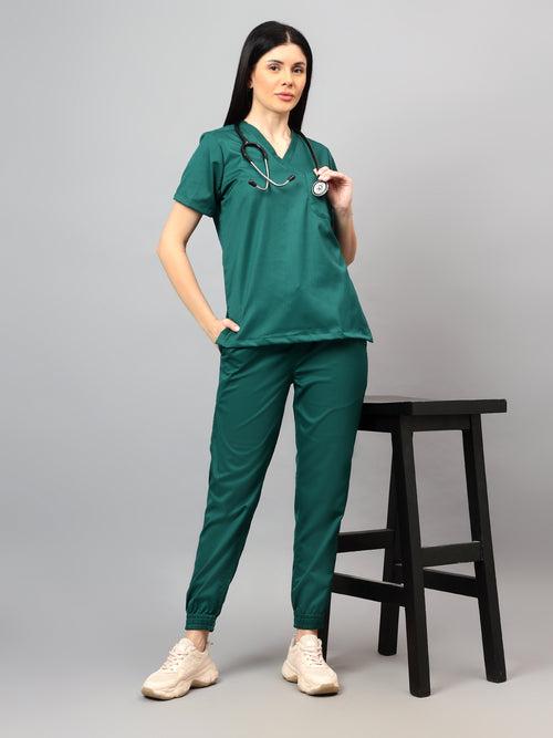 Stretchable (2Way) Female Hunter Green V-Neck With Jogger Scrub Set